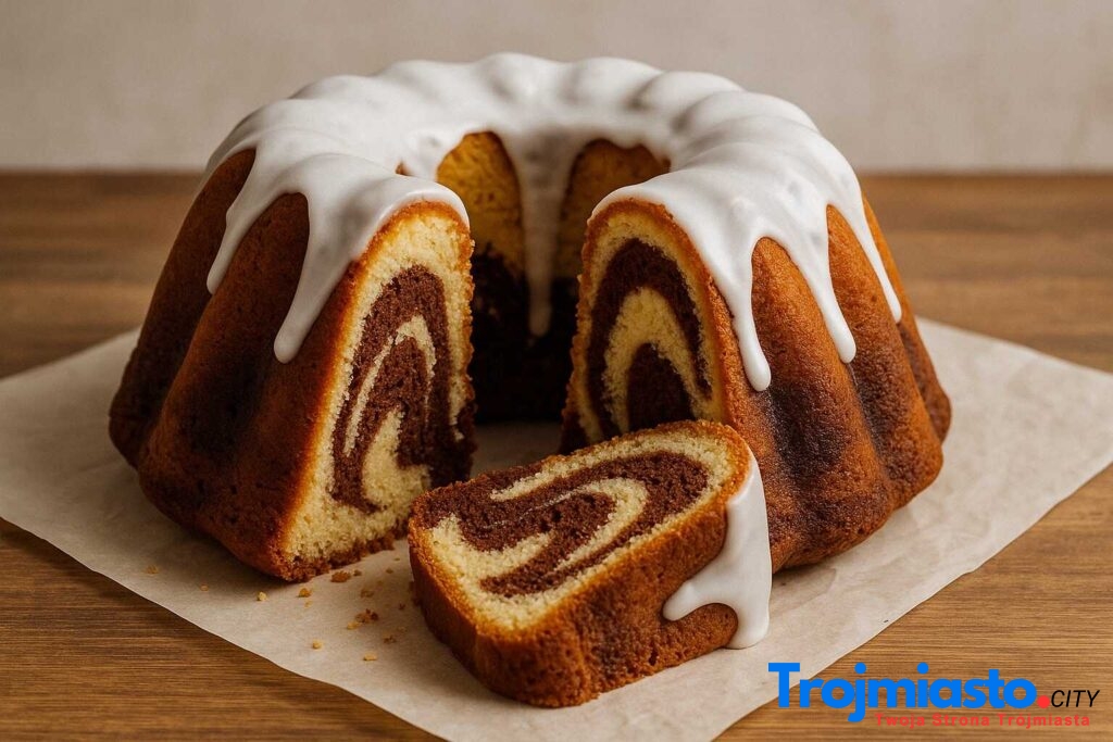Babka marmurkowa o wzorze waniliowo-kakaowym, przekrojona i gotowa do podania na Wielkanoc.