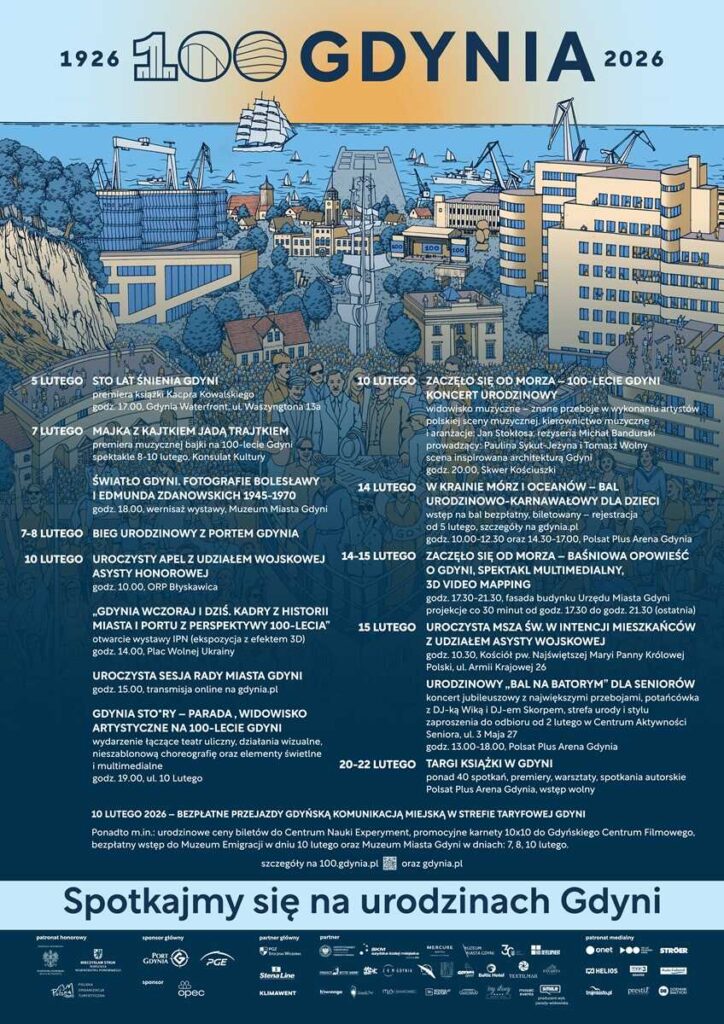 Plakat wydarzeń na 100-lecie Gdyni 2026 – program obchodów jubileuszowych