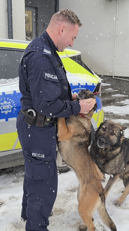 Policjant w śniegu głaszcze psa służbowego, obok stoi drugi pies, w tle radiowóz.