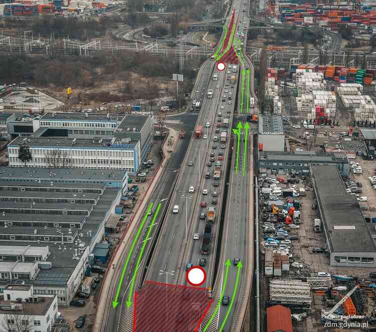 Schemat organizacji ruchu po zamknięciu głównego ciągu Estakady Kwiatkowskiego (fot. Marcin Mielewski / Zarząd Dróg Miejskich)