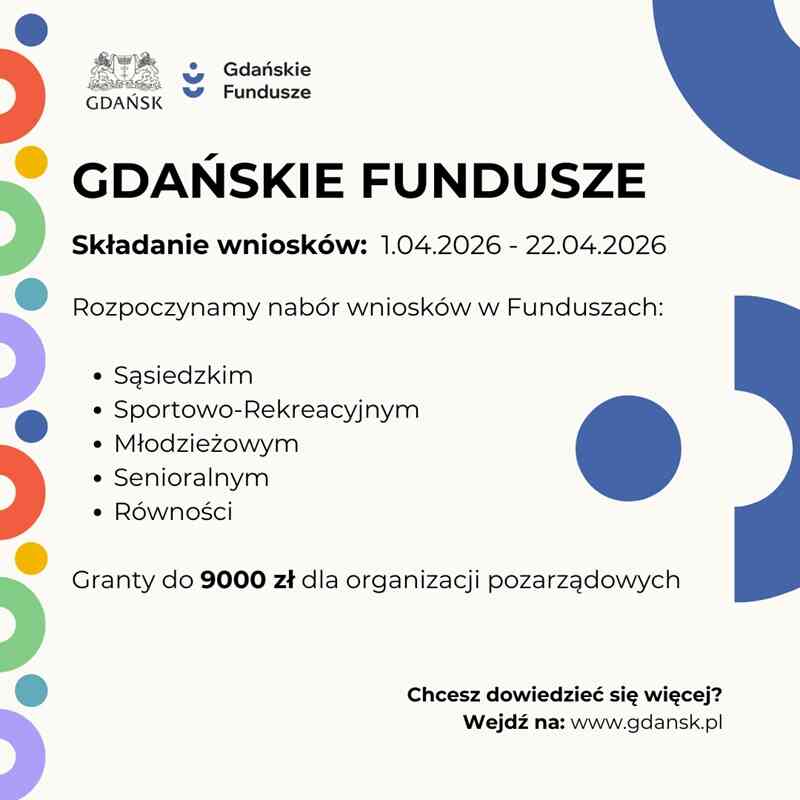 Grafika informacyjna Gdańskie Fundusze. Nabór wniosków od 1 do 22 kwietnia 2026 roku. Wymienione fundusze: Sąsiedzki, Sportowo-Rekreacyjny, Młodzieżowy, Senioralny i Równości. Informacja o grantach do 9000 zł dla organizacji pozarządowych.