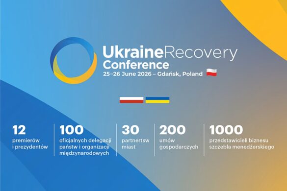 Infografika Ukraine Recovery Conference 2026 Gdańsk - 12 premierów i prezydentów, 100 delegacji, 30 partnerstw miast, 200 umów, 1000 przedstawicieli biznesu