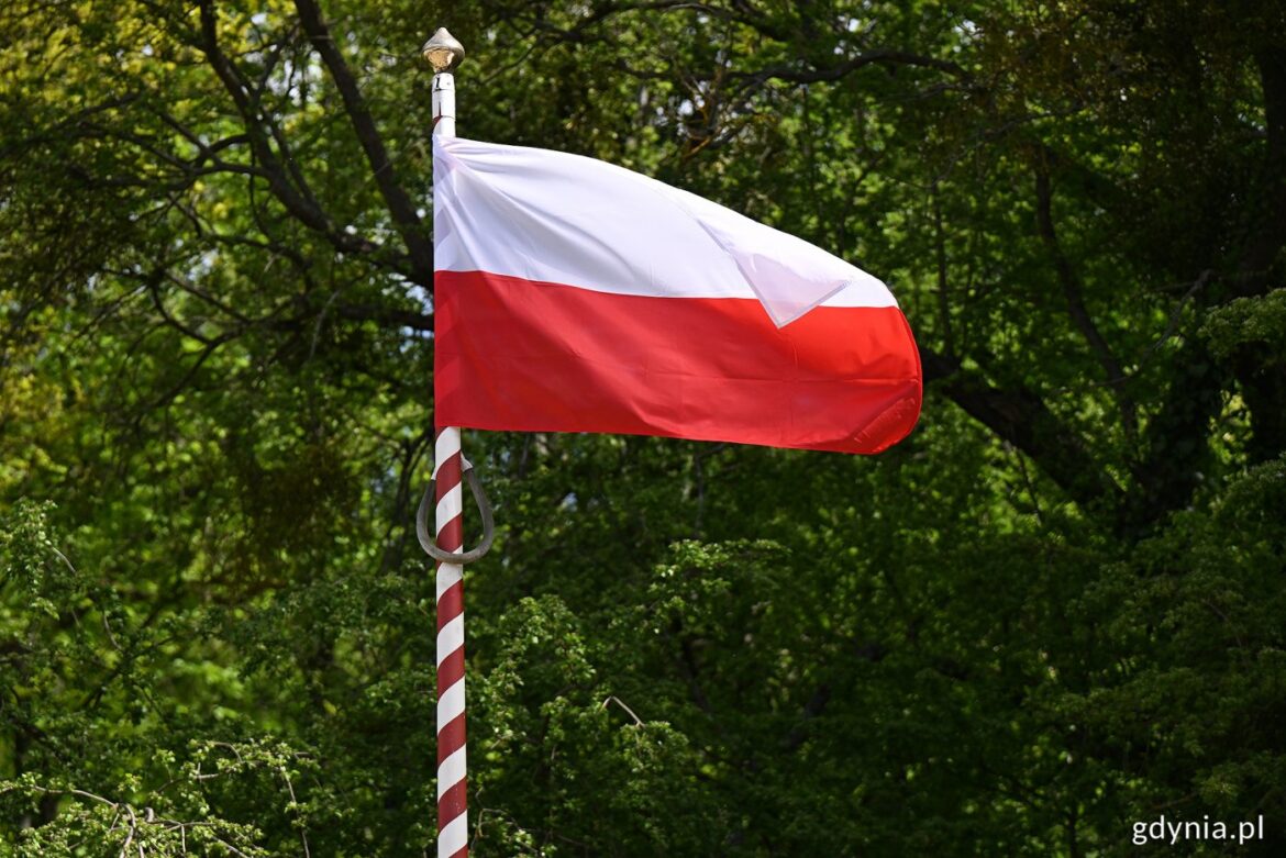 Flaga Polski na maszcie na tle zielonych drzew (fot. Michał Puszczewicz/archiwum)