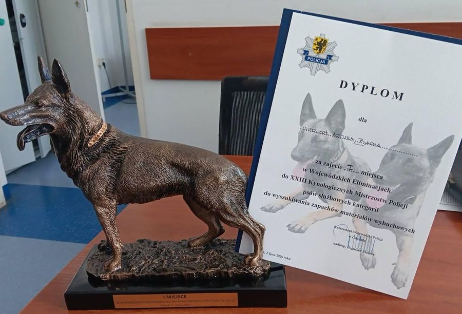 Statuetka i dyplom za I miejsce w Wojewódzkich Eliminacjach do XXIII Kynologicznych Mistrzostw Policji dla sierżanta sztabowego Artura Bacha i Luny