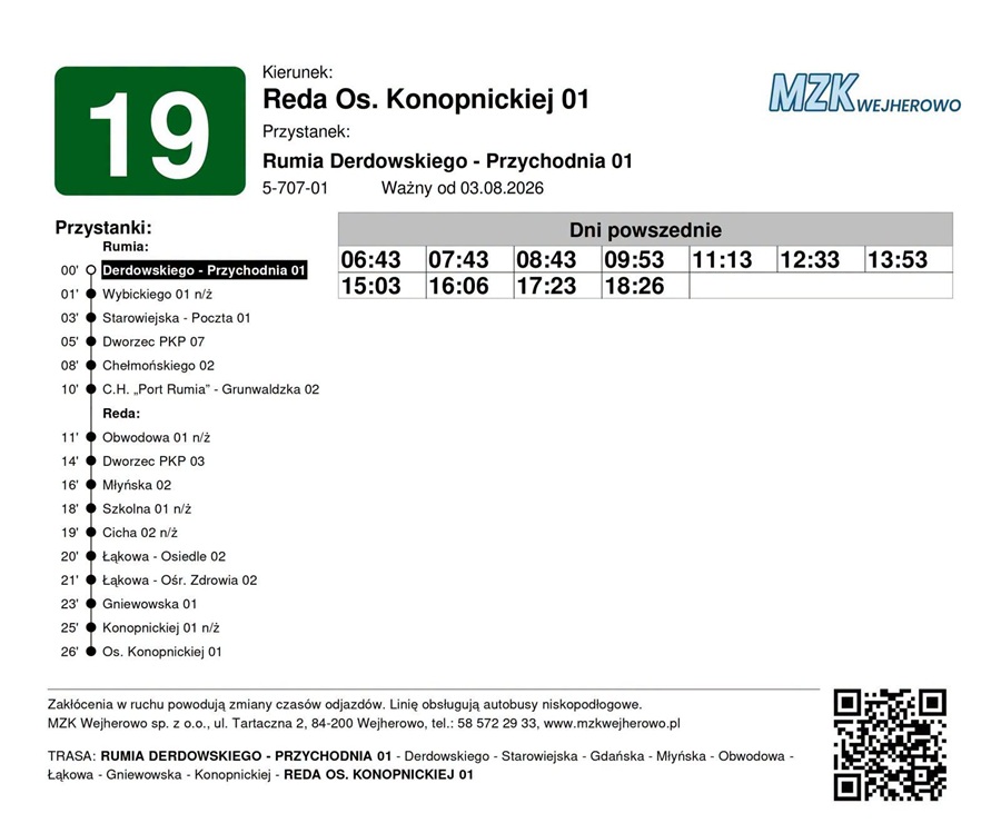 Rozkład jazdy linii autobusowej 19 MZK Wejherowo - Rumia Derdowskiego-Przychodnia w kierunku Reda Os. Konopnickiej, ważny od 3 sierpnia 2026