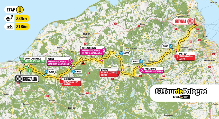 Mapa trasy pierwszego etapu 83. Tour de Pologne z Gdyni do Koszalina