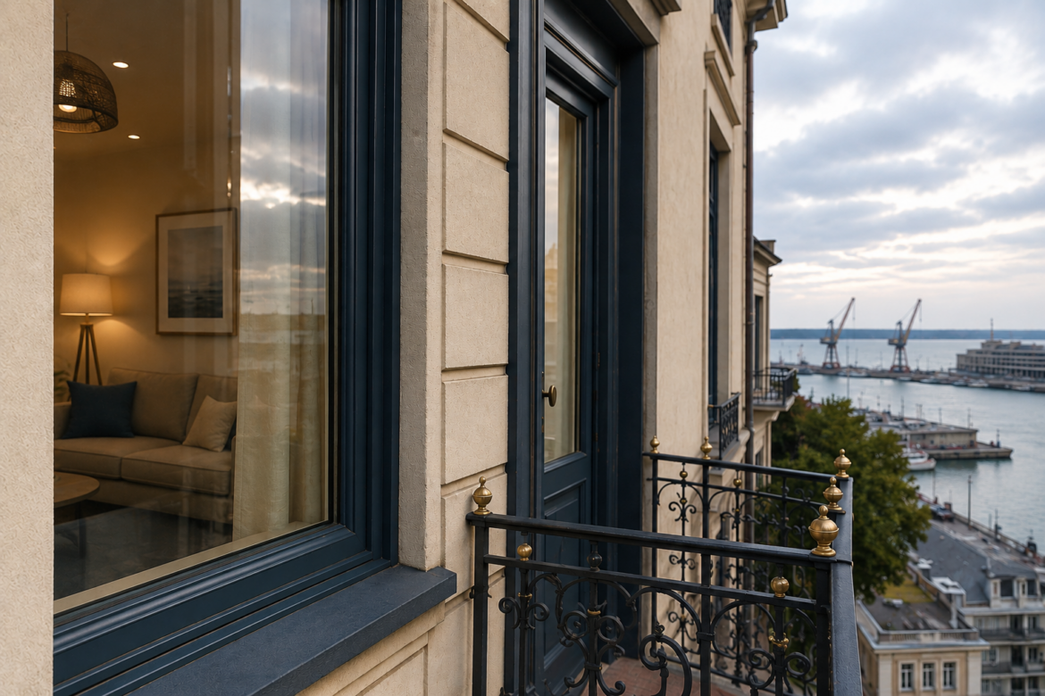 Apartament z balkonem i widokiem na port w nadmorskim mieście - ilustracja koncepcyjna najmu krótkoterminowego w Gdyni