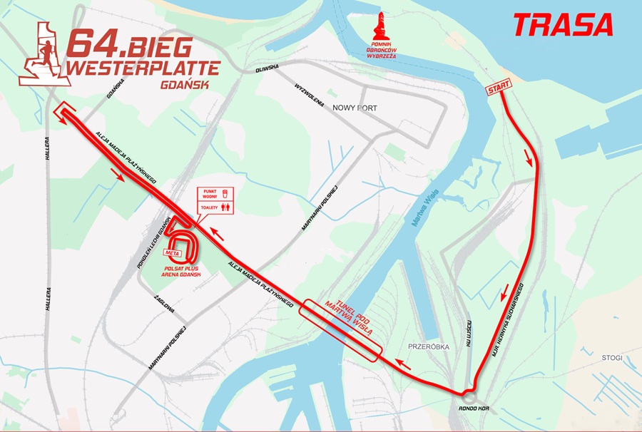 Mapa trasy 64. Biegu Westerplatte Gdańsk 2026 - start i meta